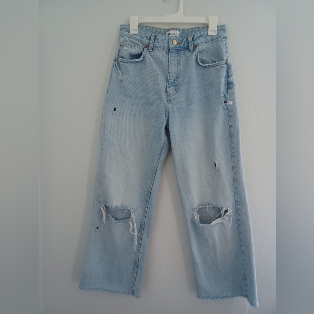 Zara High-rise Wide Leg Distressed Jeans
